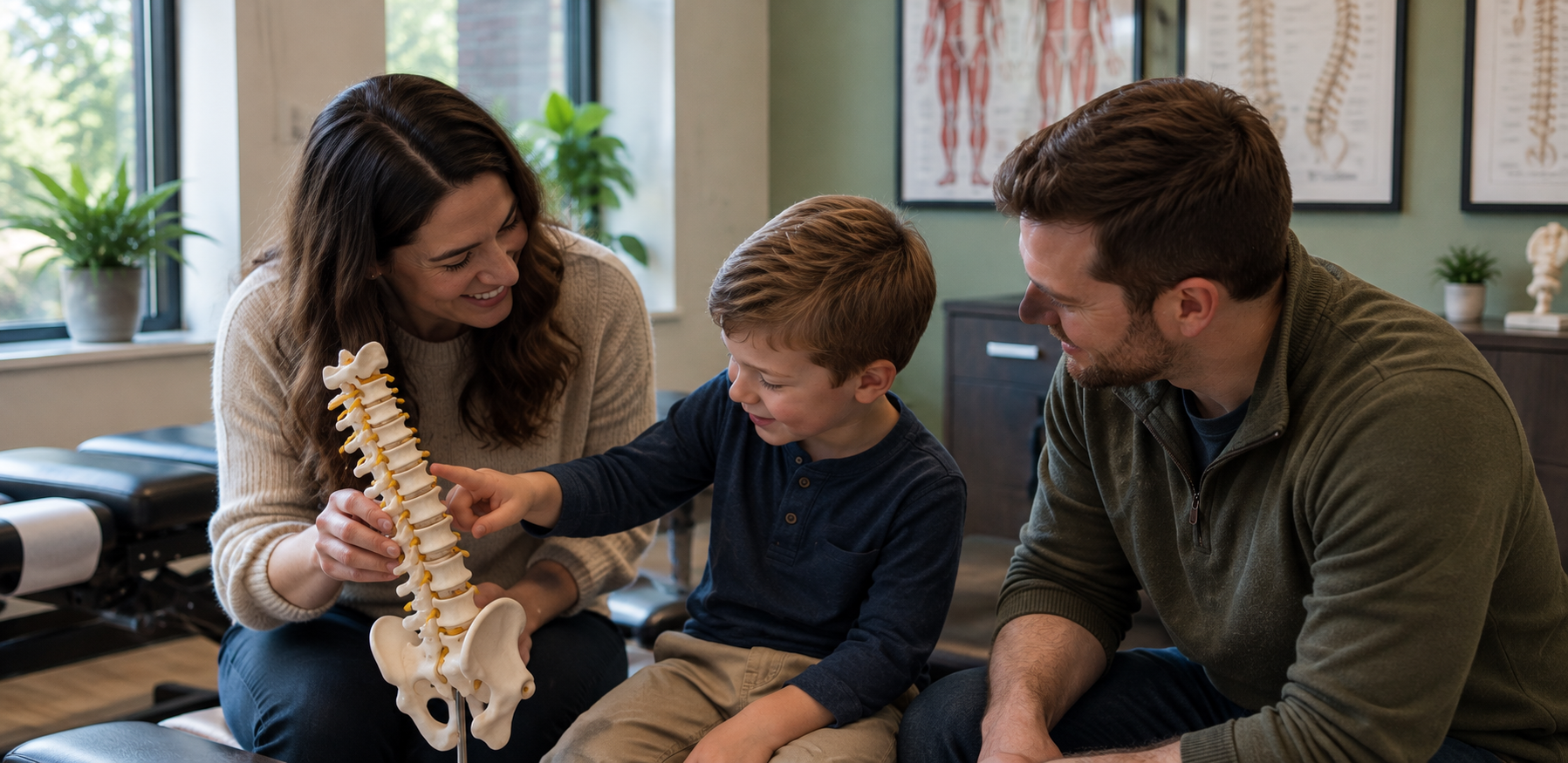 Chiropractor explaining a spine model to a child