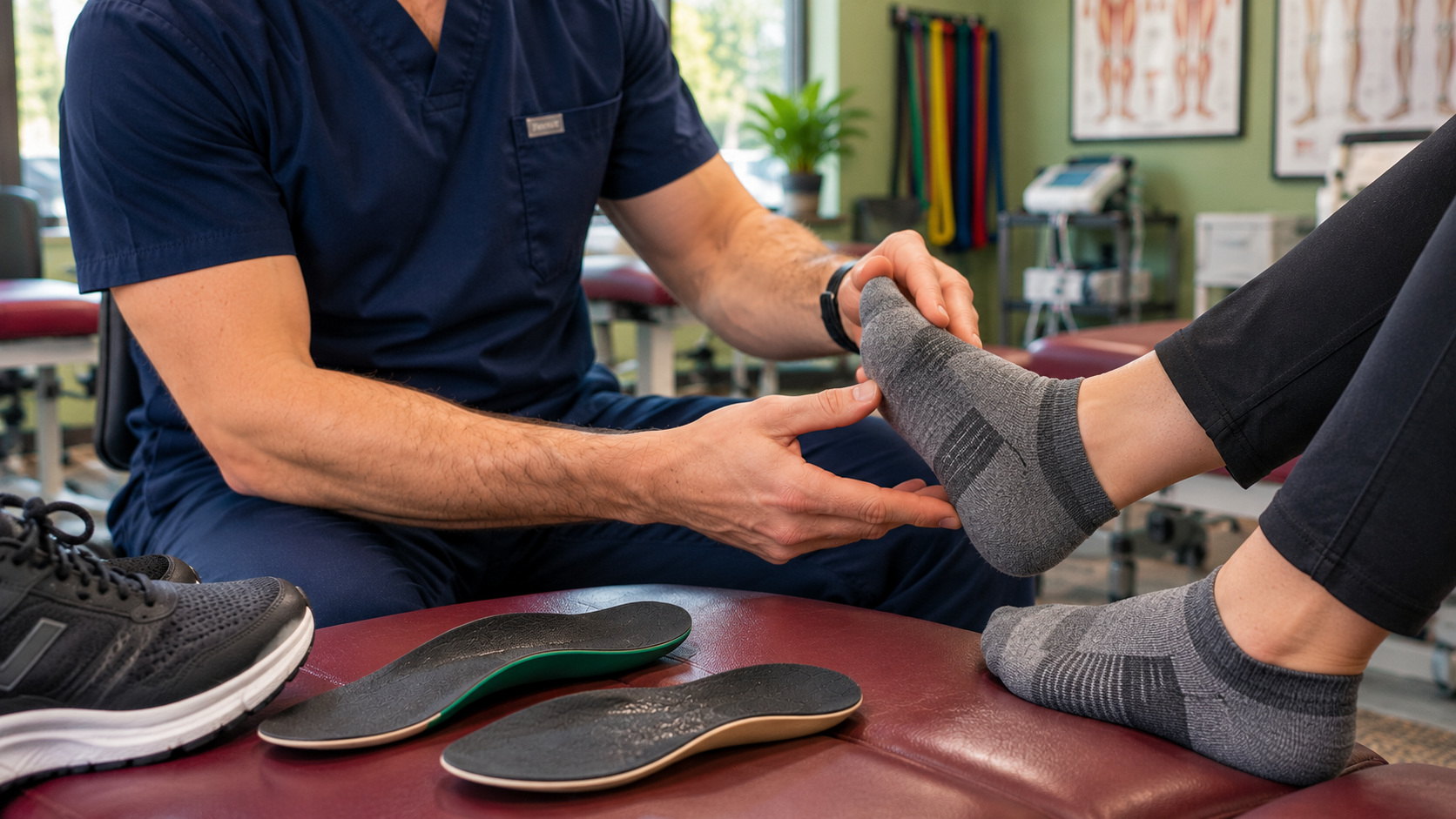 Chiropractor explaining custom orthotics to a patient