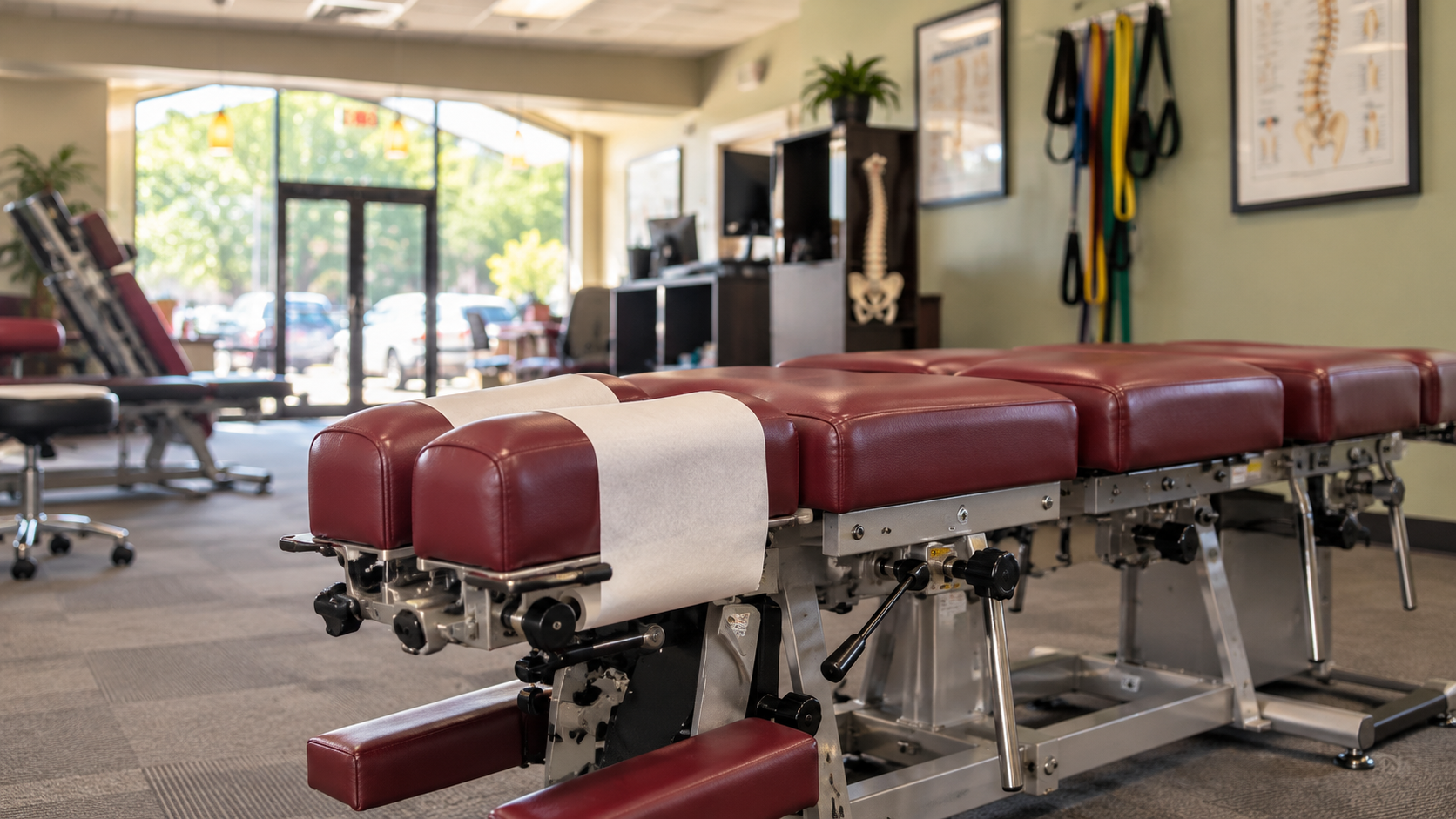 Modern chiropractic treatment room with an adjustment table