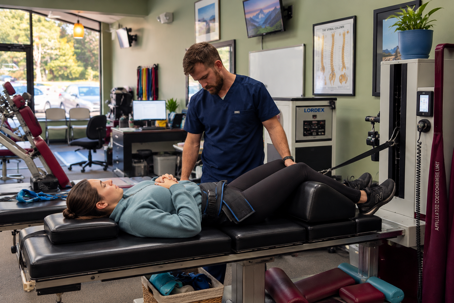 Chiropractor explaining spinal care using a spine model